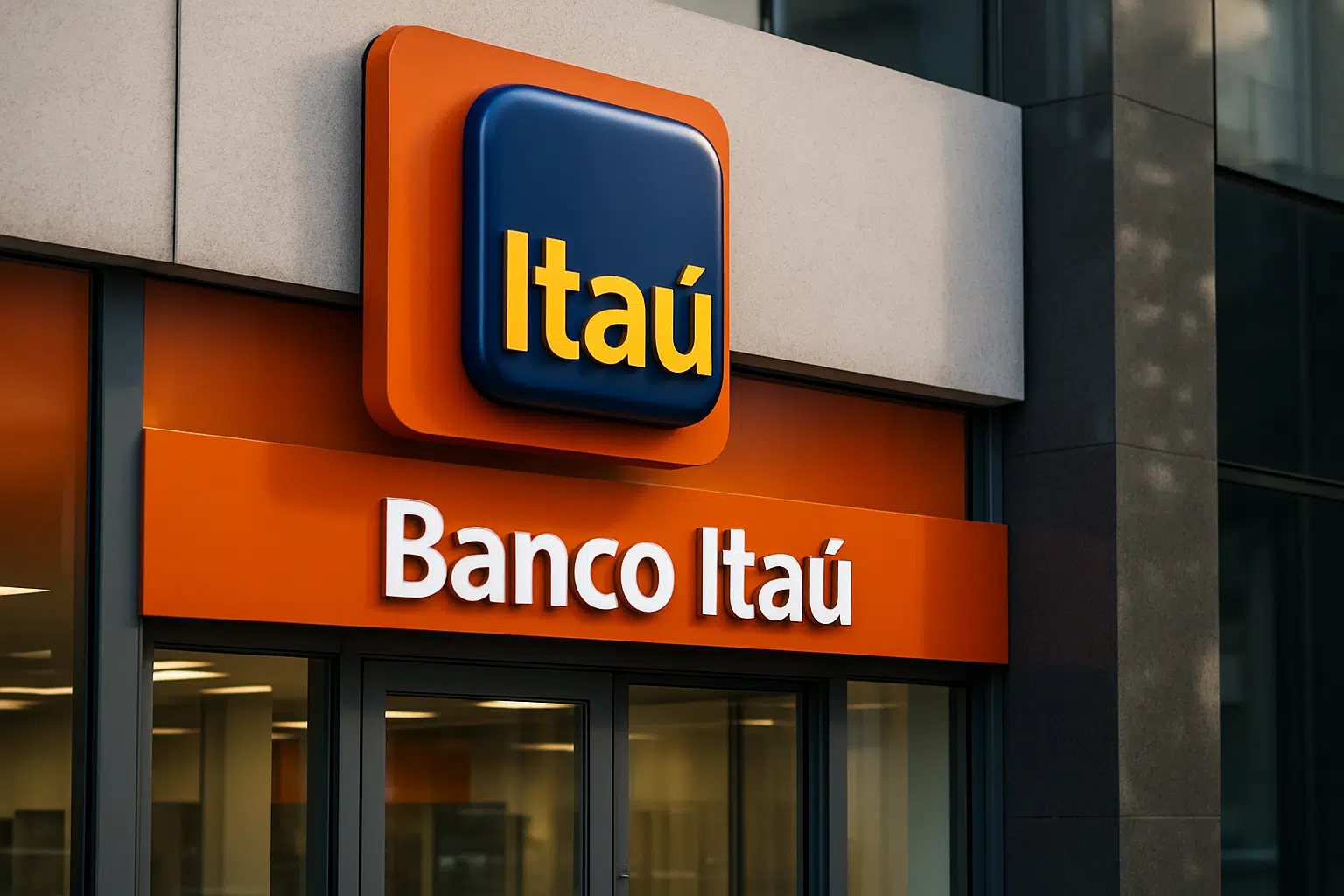 Fachada de agência do Banco Itaú com letreiro e logo em destaque.