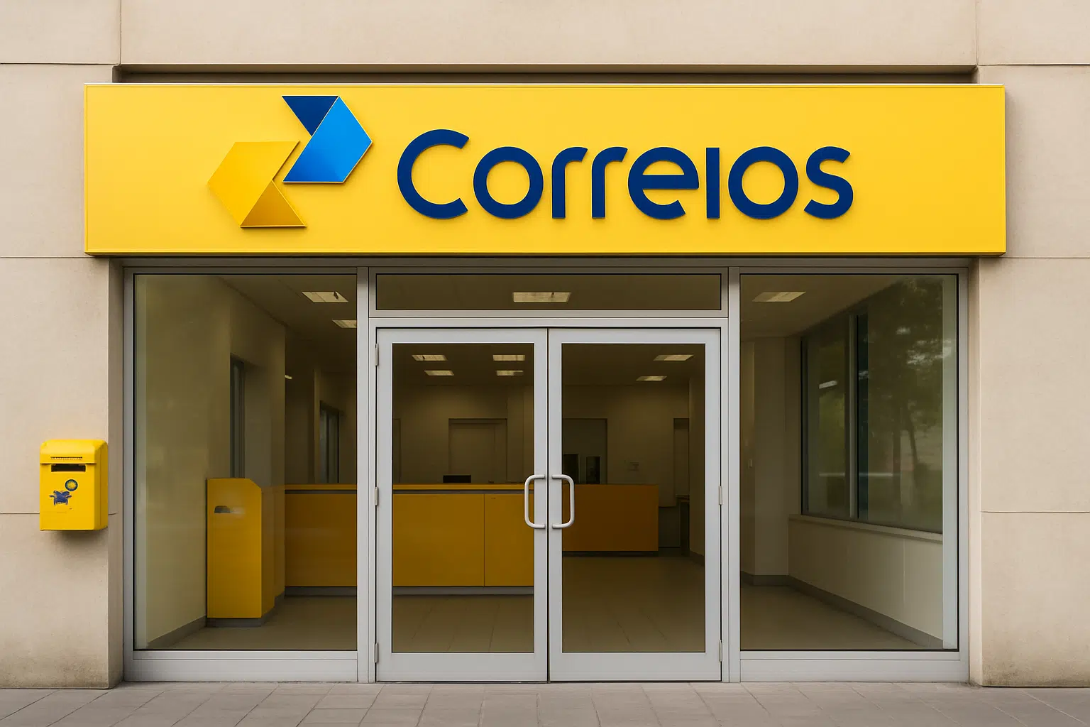 Frente de agência dos Correios com portas de vidro e caixa de correspondência amarela.
