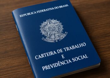 Carteira de Trabalho e Previdência Social brasileira sobre uma mesa de madeira.