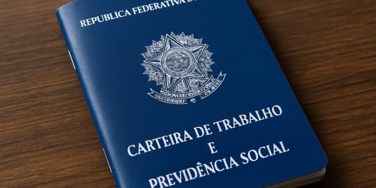 Carteira de Trabalho e Previdência Social brasileira sobre uma mesa de madeira.
