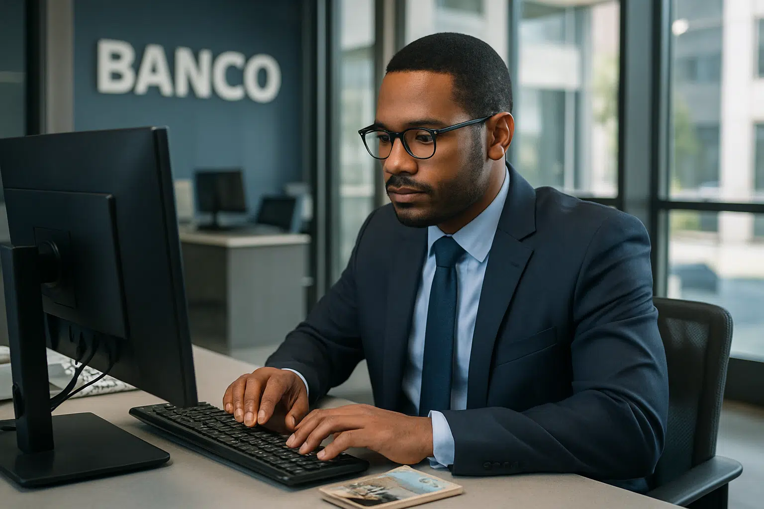 Homem de terno trabalhando em computador em um banco.