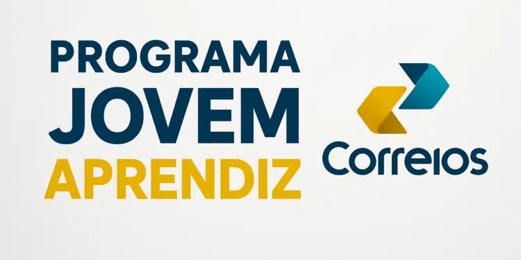 Logotipo dos Correios com texto Programa Jovem Aprendiz em fundo claro.