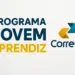 Logotipo dos Correios com texto Programa Jovem Aprendiz em fundo claro.