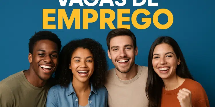 Quatro jovens sorrindo sob o texto 'Vagas de Emprego'.