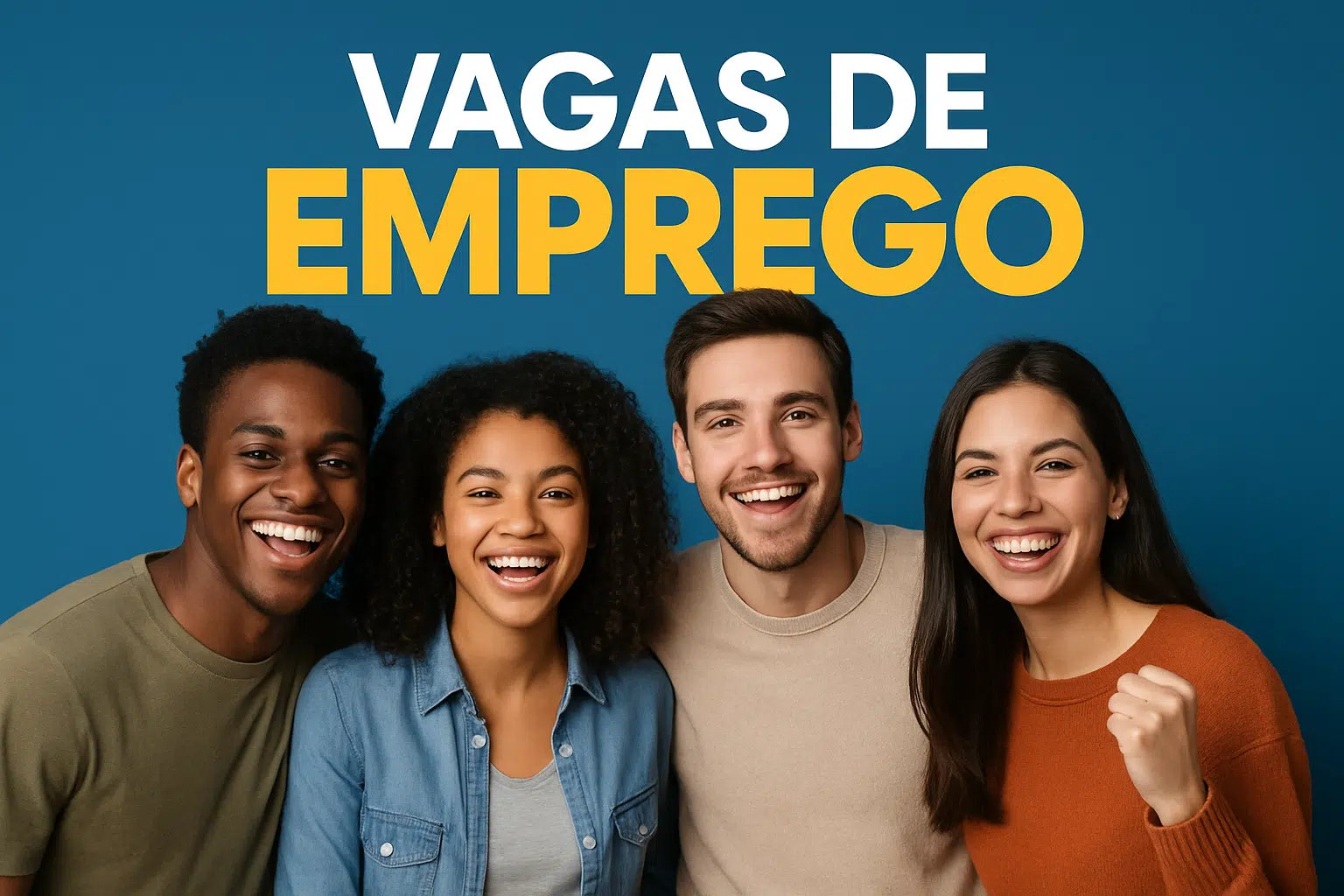 Quatro jovens sorrindo sob o texto 'Vagas de Emprego'.