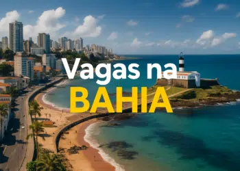 Vista aérea de Salvador com o Farol da Barra e texto 'Vagas na Bahia'.