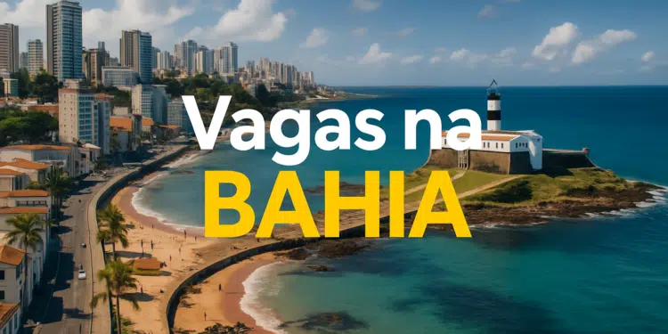 Vista aérea de Salvador com o Farol da Barra e texto 'Vagas na Bahia'.