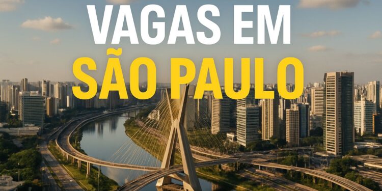Vista aérea da ponte estaiada em São Paulo com texto vagas em São Paulo.