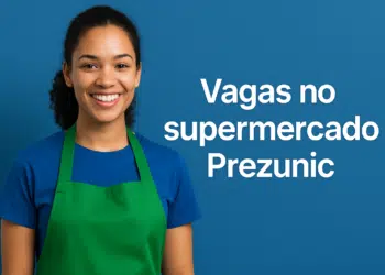 Mulher sorridente com uniforme de supermercado e texto Vagas no supermercado Prezunic.