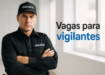 Vigilante em uniforme preto ao lado do texto 'Vagas para vigilantes'.