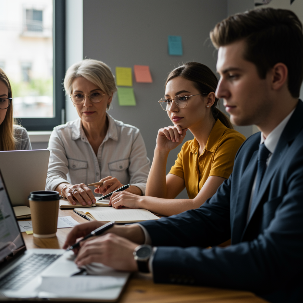 Equipe de profissionais jovens, incluindo uma mulher de camisa amarela e óculos, um homem de terno e uma mulher de cabelos brancos. Eles estão reunidos ao redor de uma mesa de madeira em um escritório moderno, com notebooks abertos, cadernos e post-its coloridos na parede de fundo.
