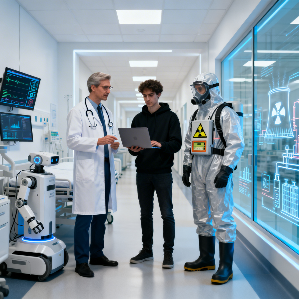 Em um corredor de hospital moderno e iluminado, três figuras estão em pé sobre um piso cinza uniforme. Um médico de jaleco branco e estetoscópio à esquerda fala com um jovem de capuz preto no centro que segura um notebook. À direita, um profissional com traje prateado completo contra materiais perigosos (HAZMAT) e máscara de oxigênio observa. Um robô de serviço branco com base azul neon está ao lado do médico. Fundo com telas de monitoramento e um painel de vidro transparente exibindo gráficos de uma usina nuclear e redes de dados.