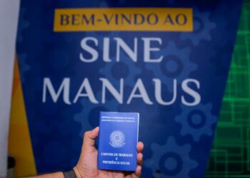 Mão segurando carteira de trabalho em frente ao banner do Sine Manaus