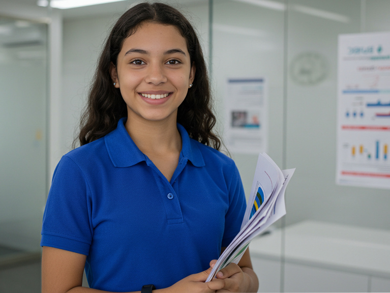 Uma jovem de cabelos longos e ondulados, vestindo uma camisa polo azul, sorri para a câmera enquanto segura uma pilha de documentos com gráficos coloridos. Ela está em um escritório moderno com divisórias de vidro, e ao fundo há cartazes desfocados na parede com informações corporativas e gráficos.