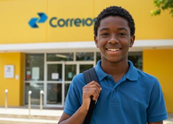 Um jovem negro sorrindo, vestindo uma camisa polo azul e uma mochila, posando em frente a uma agência dos Correios com fachada amarela. O logotipo oficial "Correios" é visível na parte superior do edifício.
