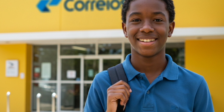 Um jovem negro sorrindo, vestindo uma camisa polo azul e uma mochila, posando em frente a uma agência dos Correios com fachada amarela. O logotipo oficial "Correios" é visível na parte superior do edifício.