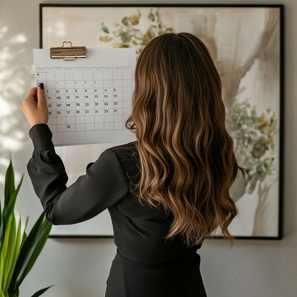 Vista de costas de uma mulher com longos cabelos ondulados castanhos, vestindo preto, segurando um calendário de papel preso a uma prancheta. Ela observa os dias do mês em um ambiente iluminado, sugerindo planejamento de datas.